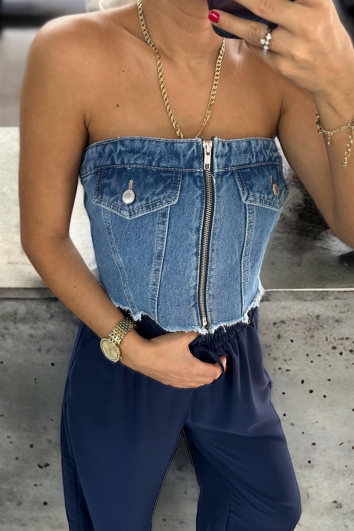 Önü Fermuarlı Koyu Mavi Straplez Denim CropCROP