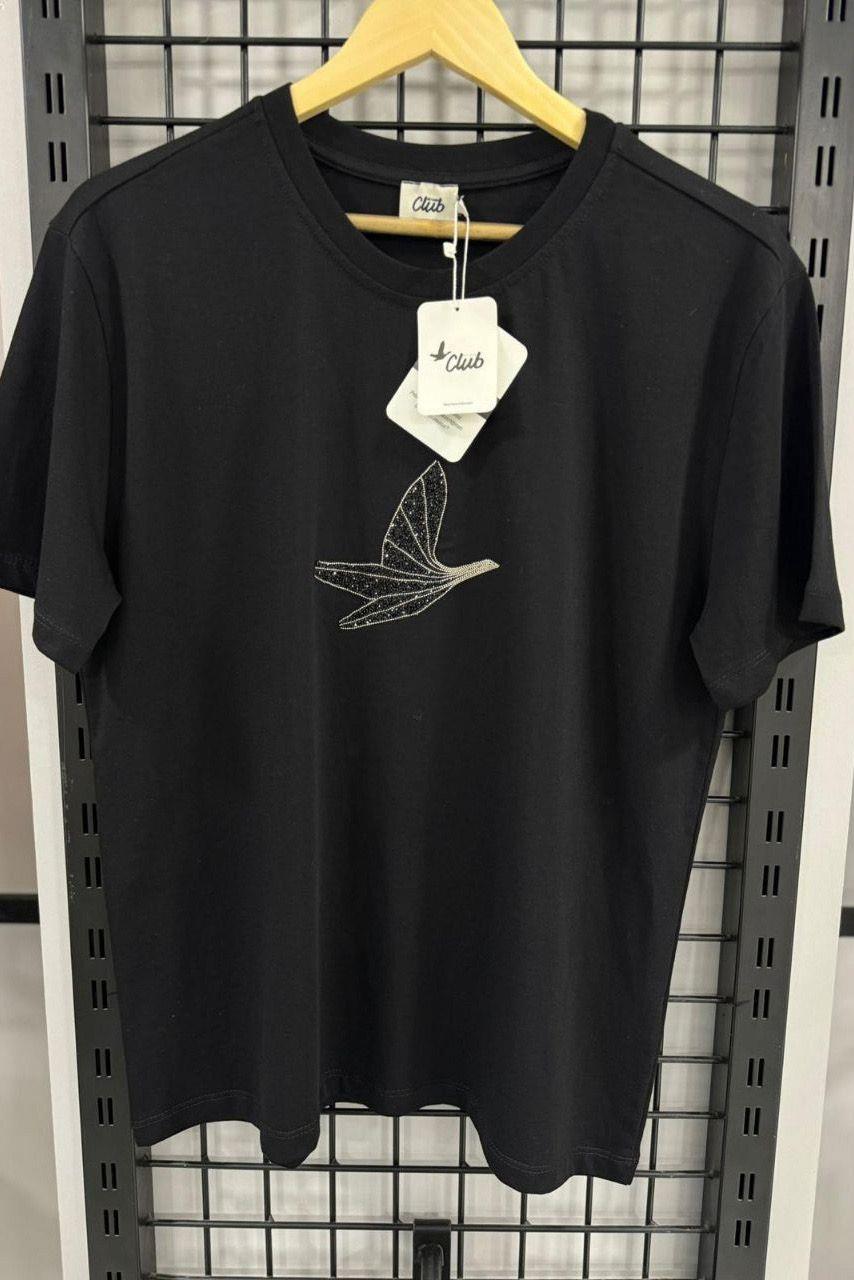 Orjinal Marka Taşlı Kuşlu Siyah TshirtTSHİRT