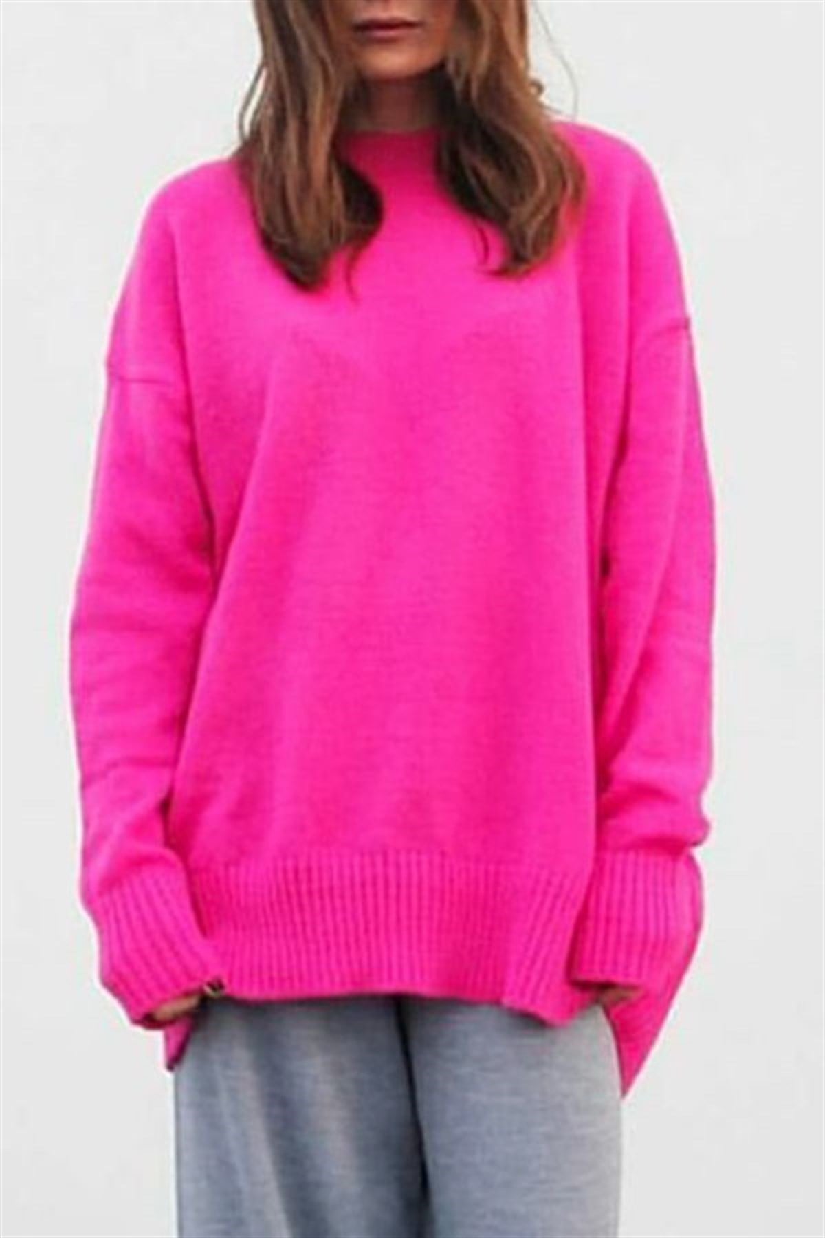Oversize Bisiklet Yaka Fuşya Kazak