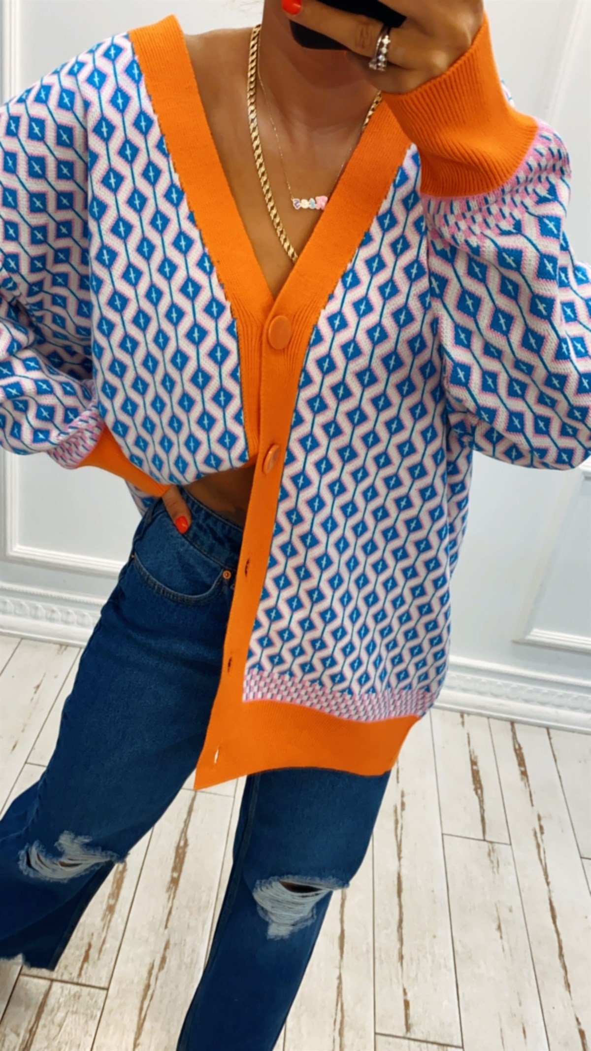 Oversize Etnik Desen Hırka