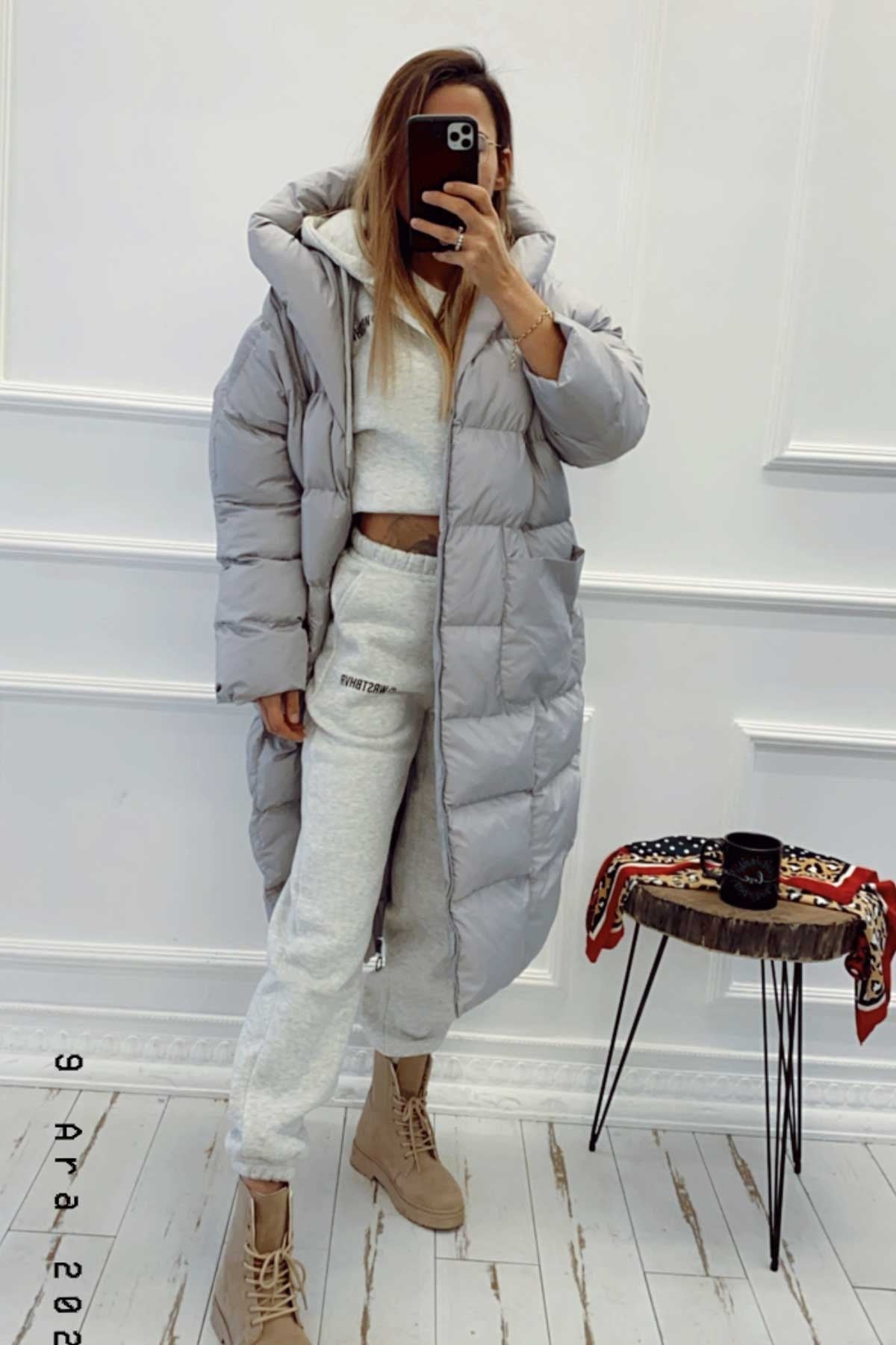 Oversize Kapşonlu Gri Mont
