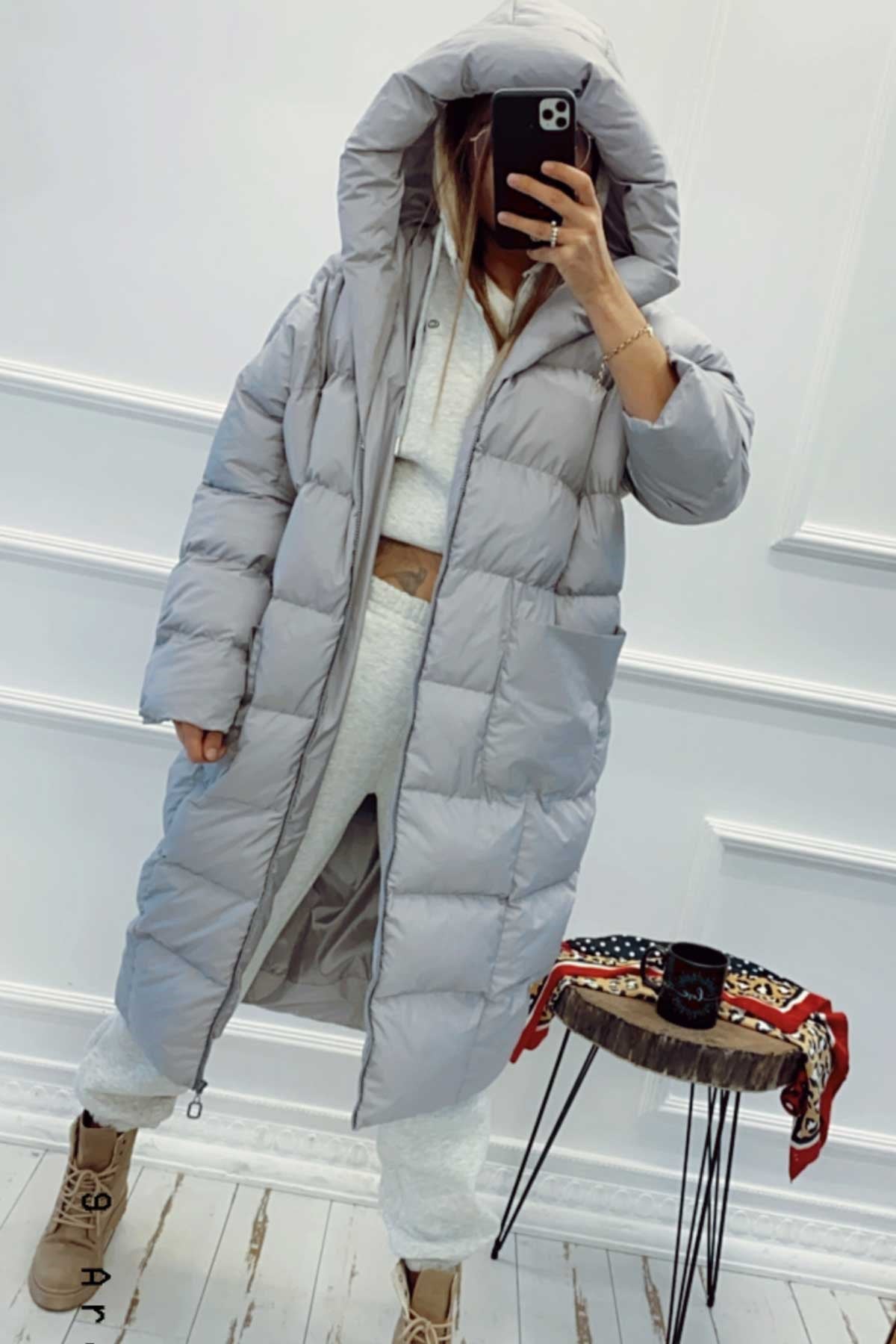 Oversize Kapşonlu Gri Mont