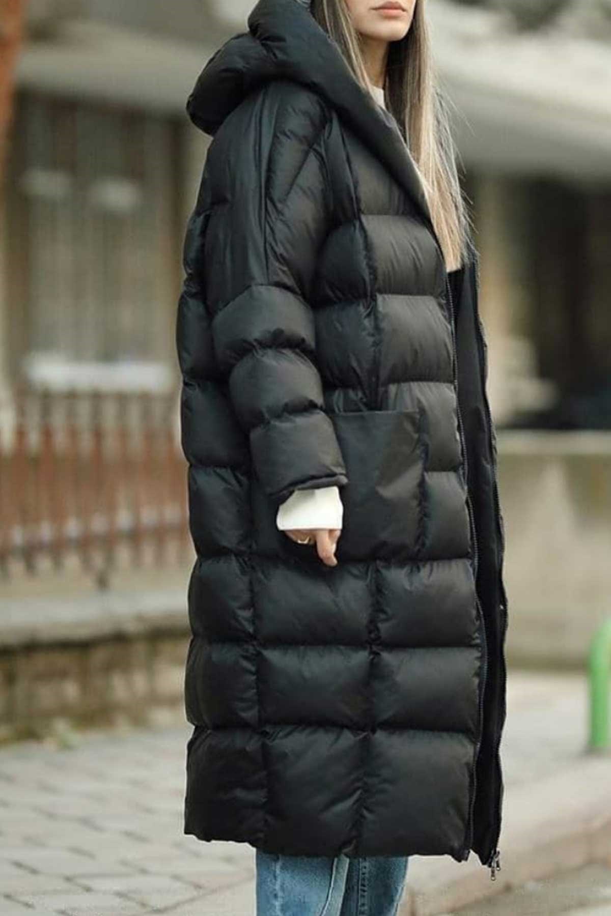 Oversize Kapşonlu Midi Mont