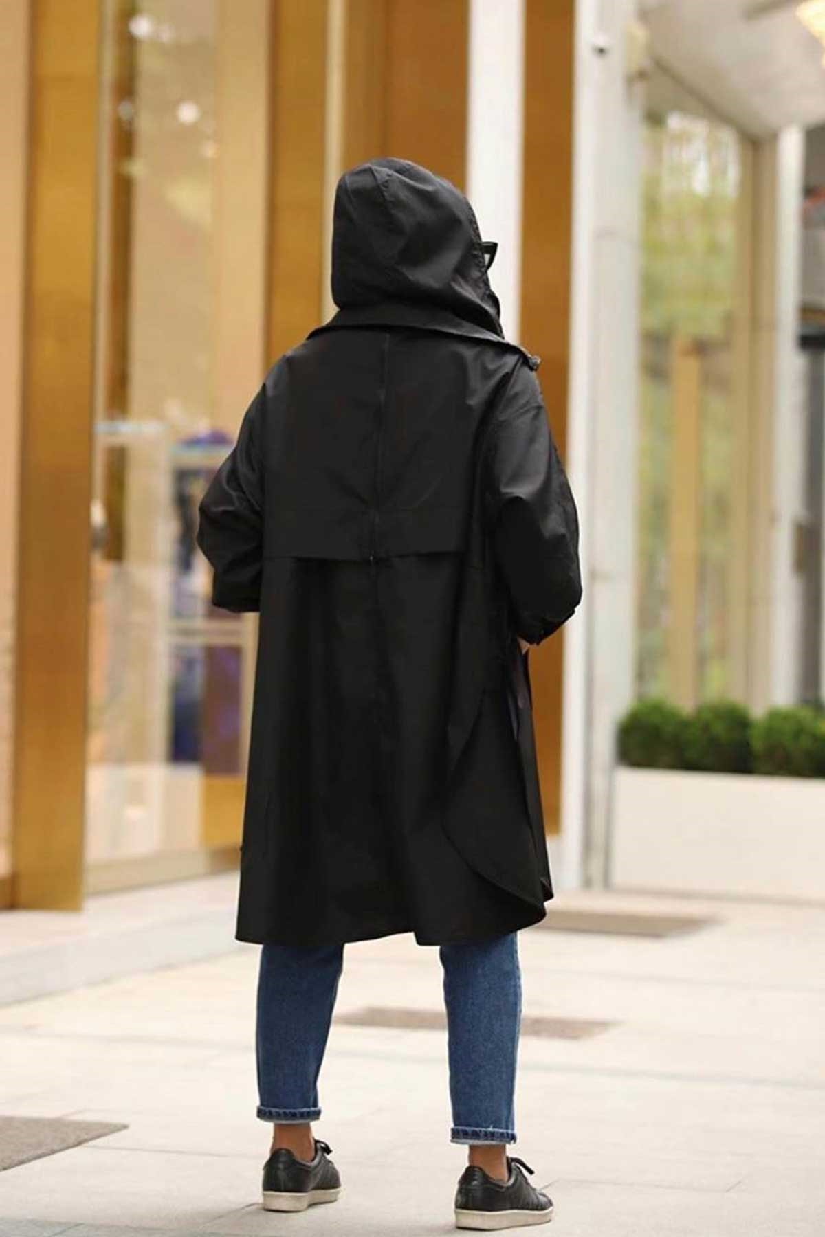 Oversize Kapşonlu Yağmurluk Trench