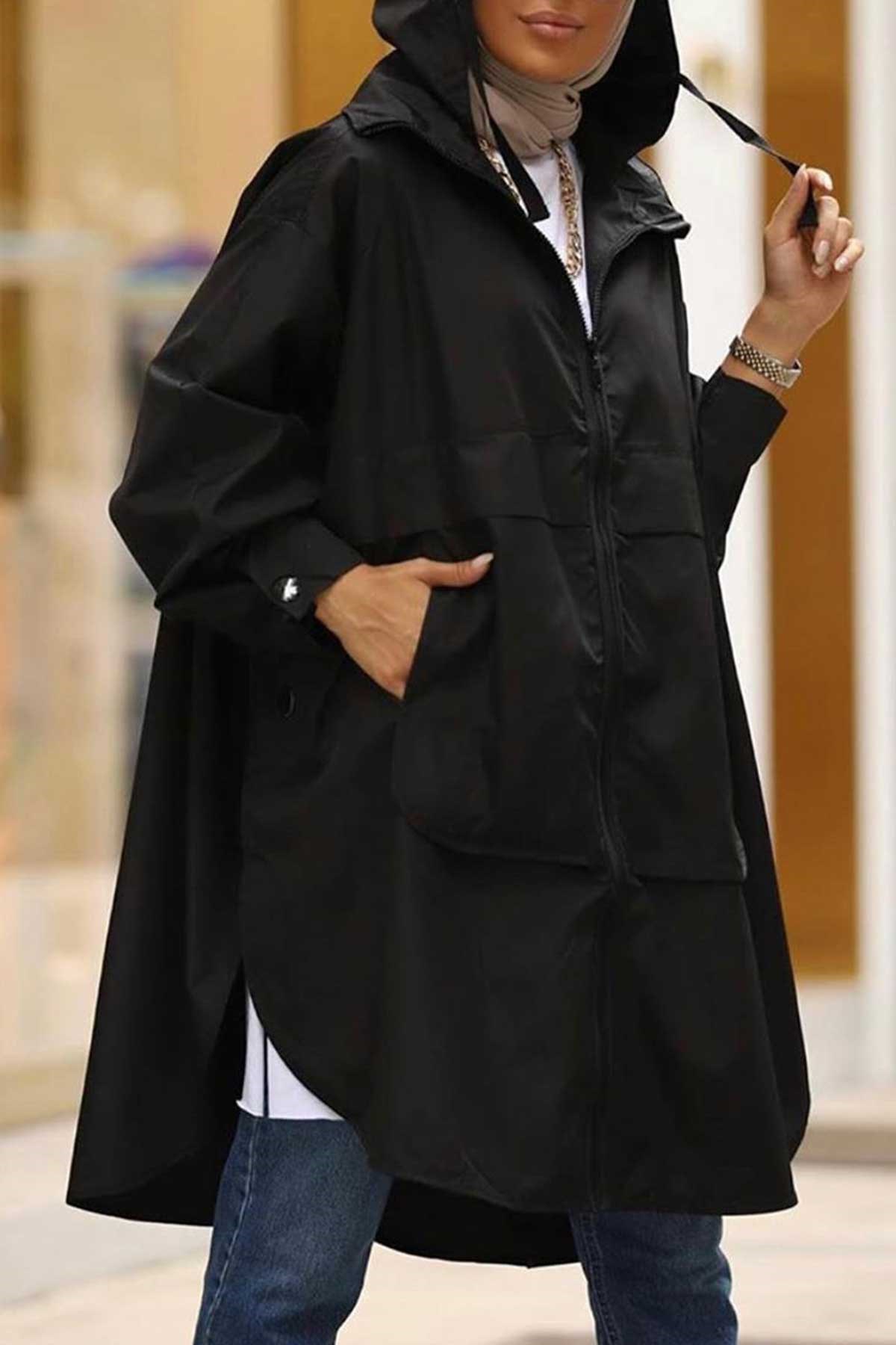 Oversize Kapşonlu Yağmurluk Trench