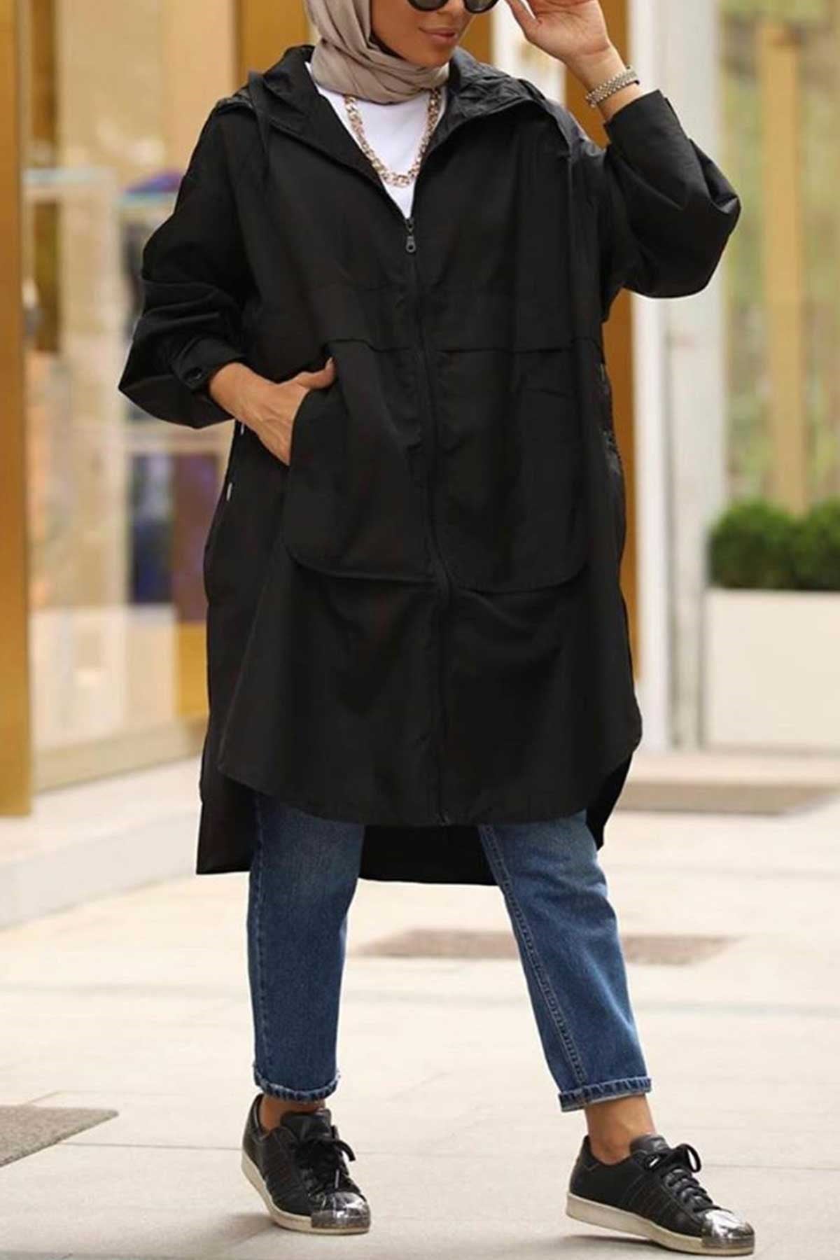 Oversize Kapşonlu Yağmurluk Trench