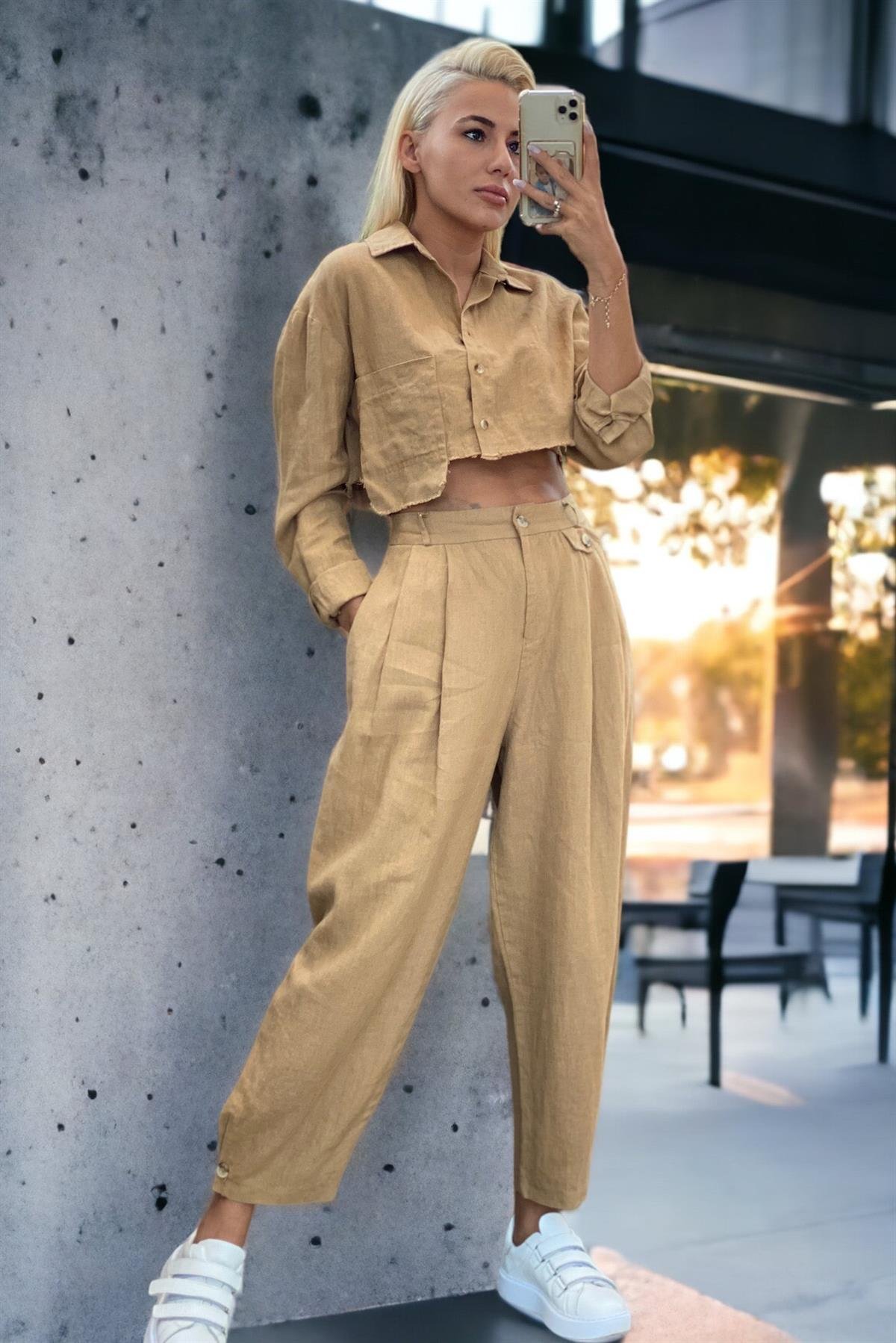 Paça Düğmeli Ham Keten Camel PantolonPANTOLON