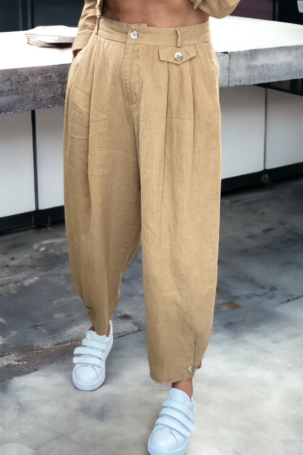 Paça Düğmeli Ham Keten Camel PantolonPANTOLON
