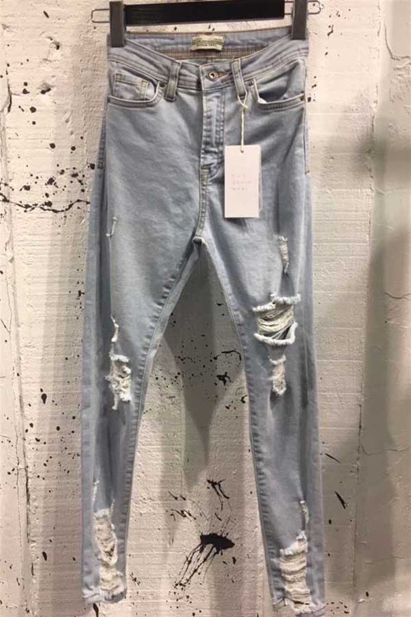 Paça Yırtıklı Buz Mavisi Skinny Jean