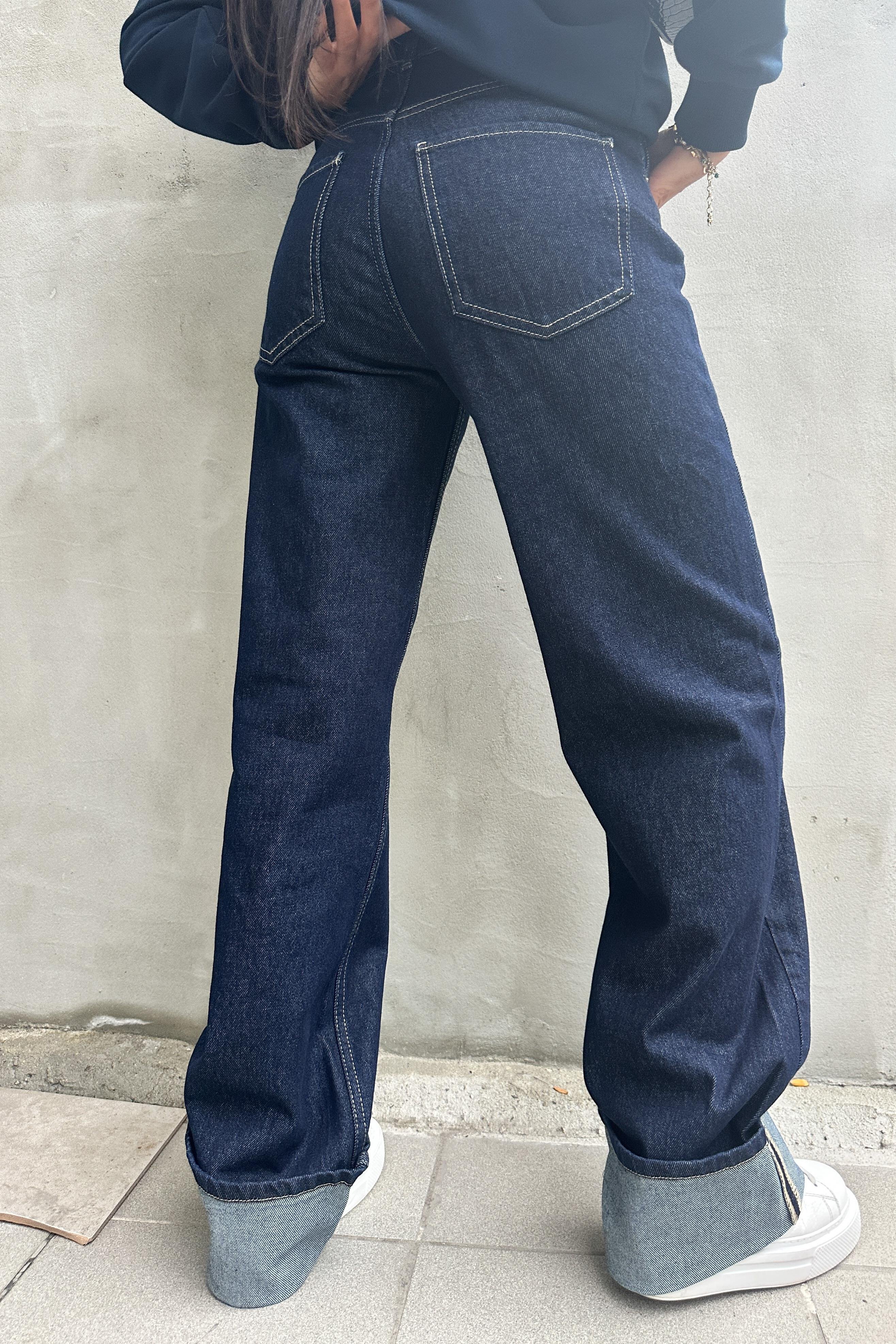 Paçası Katlı Lacivert Wide Leg PantolanJEAN