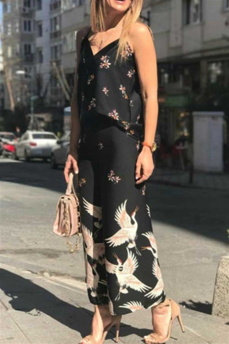 Paçası Kuş Desenli Midi Pantalon