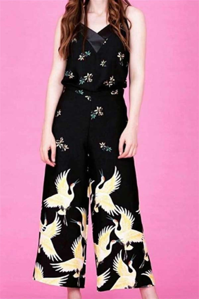 Paçası Sarılı Kuş Desenli Midi Pantalon 