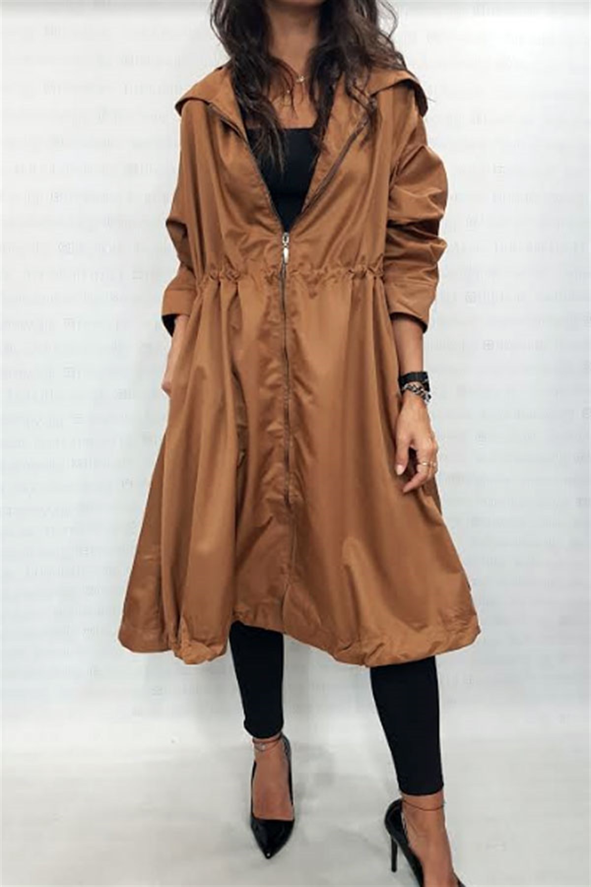 Paraşüt Midi Oversize Kapşonlu Yağmurluk