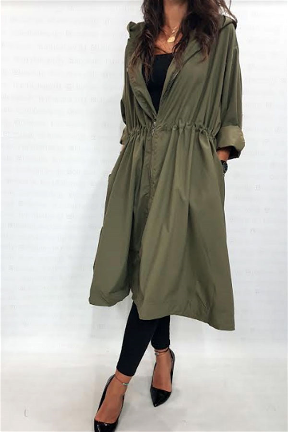 Paraşüt Midi Oversize Kapşonlu Yağmurluk