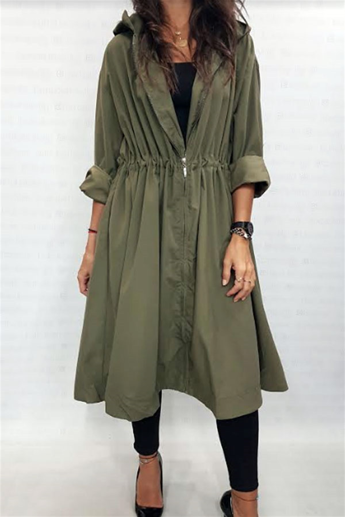Paraşüt Midi Oversize Kapşonlu Yağmurluk