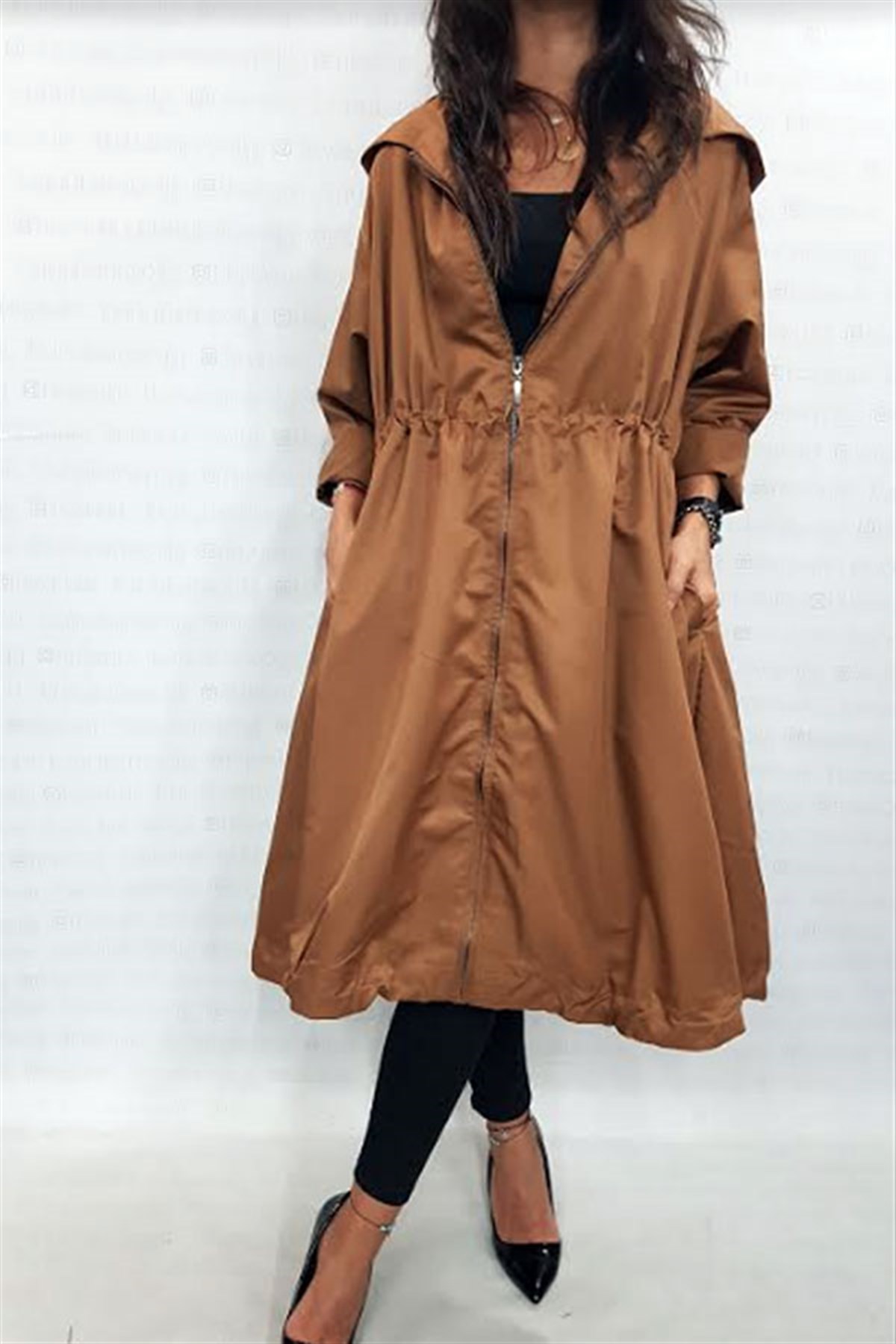 Paraşüt Midi Oversize Kapşonlu Yağmurluk