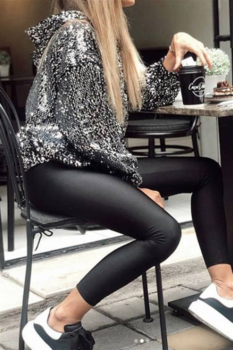Payetli Kapşonlu Kadife Sweatshirt
