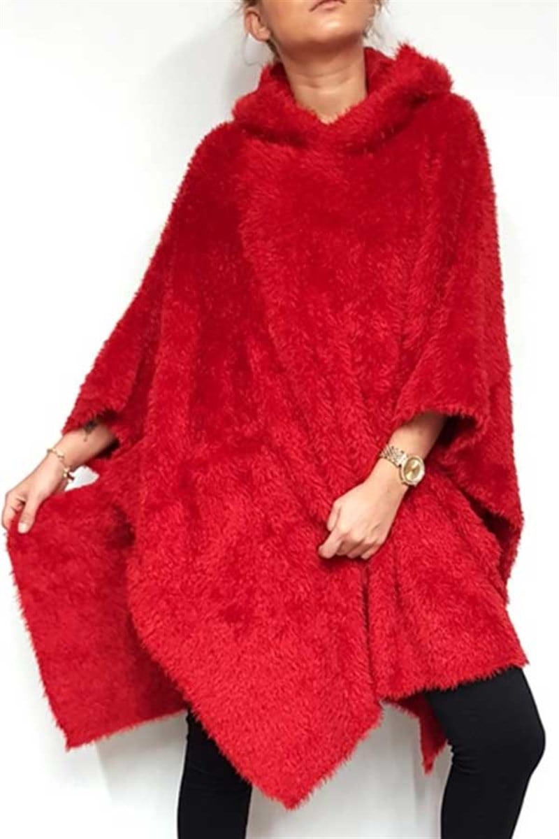 Peluş Örme Kapşonlu Panço
