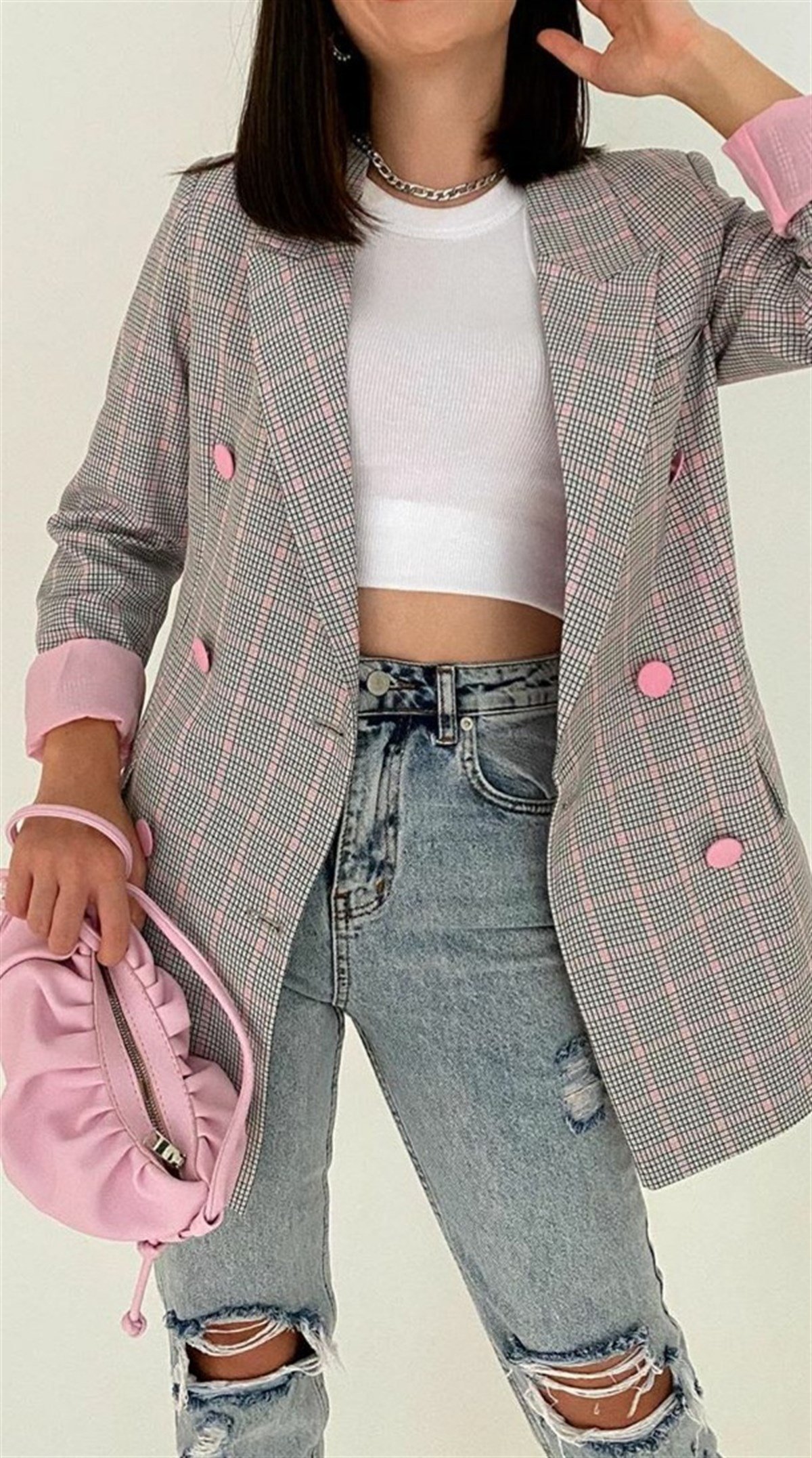 Pembe Astar ve Pembe Düğmeli Ekose Ceket