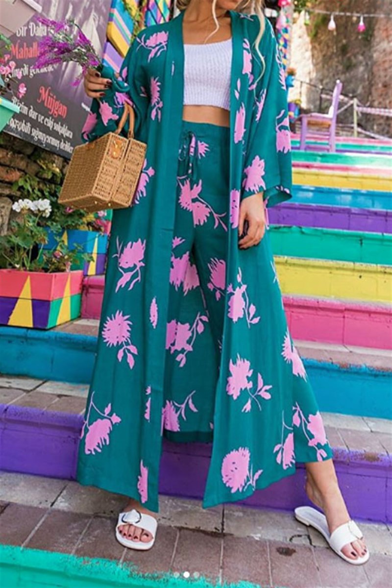 Pembe Çiçekli Yeşil Kimono Pantalon Takım