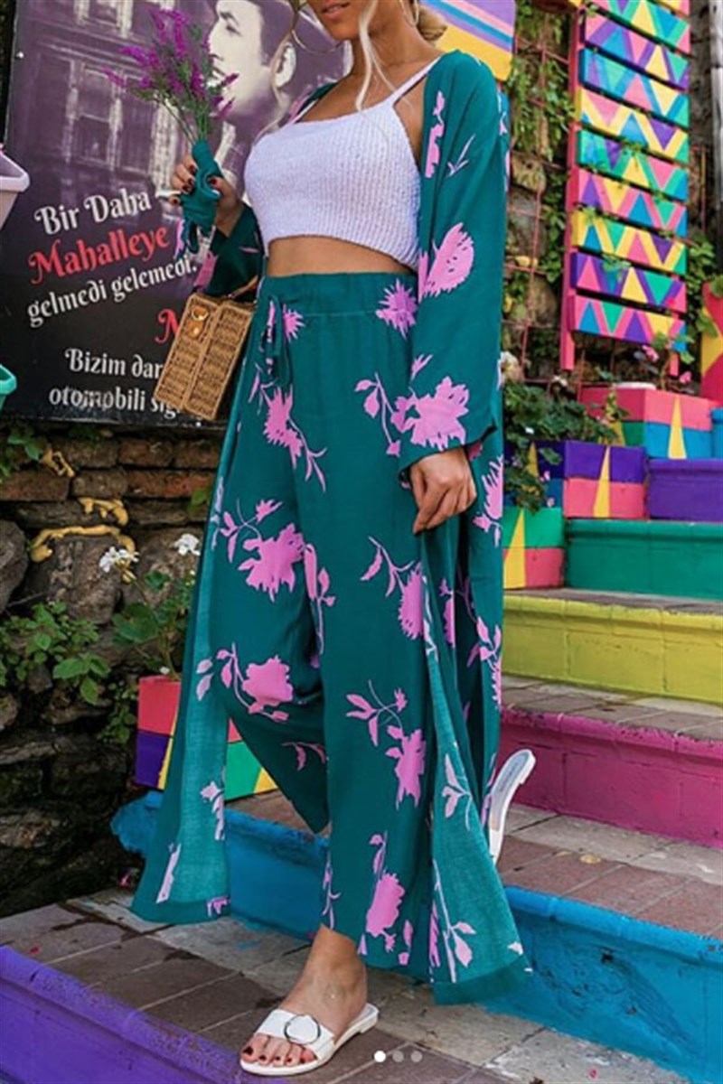 Pembe Çiçekli Yeşil Kimono Pantalon Takım