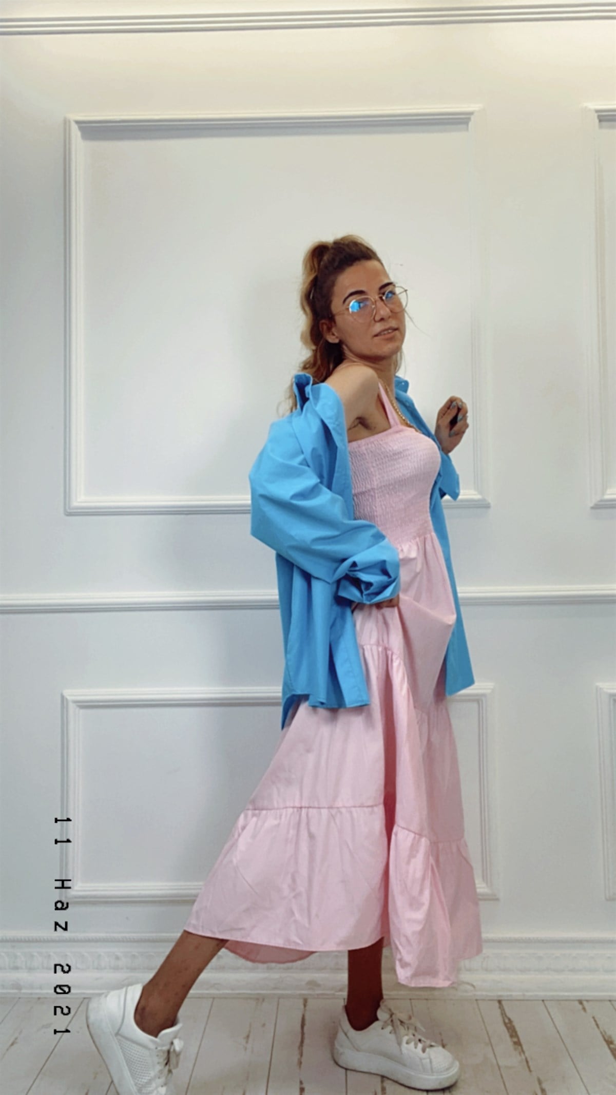 Pembe Gipeli Midi Poplin Elbise