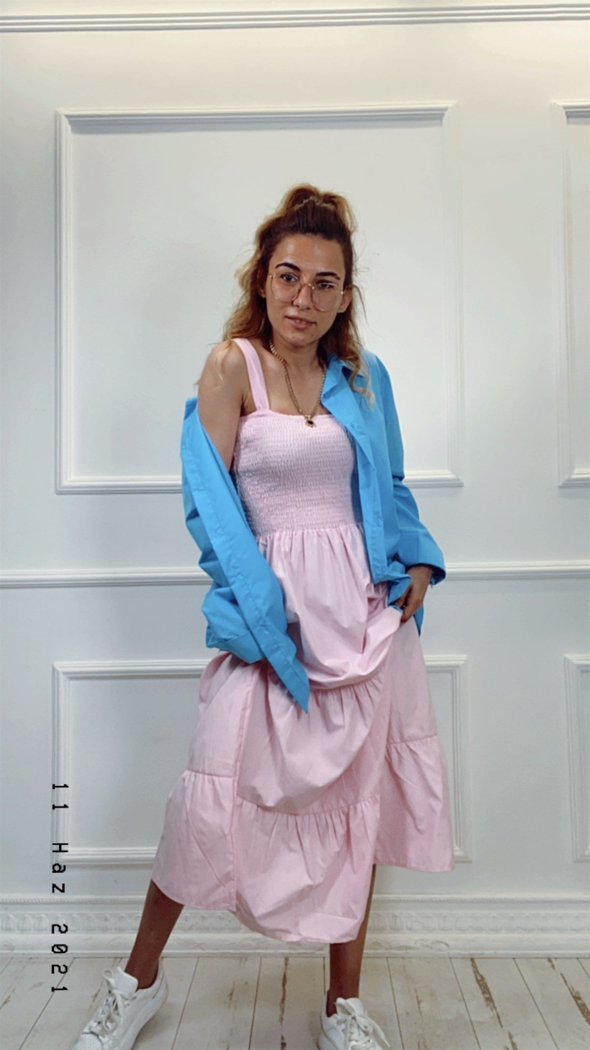 Pembe Gipeli Midi Poplin Elbise