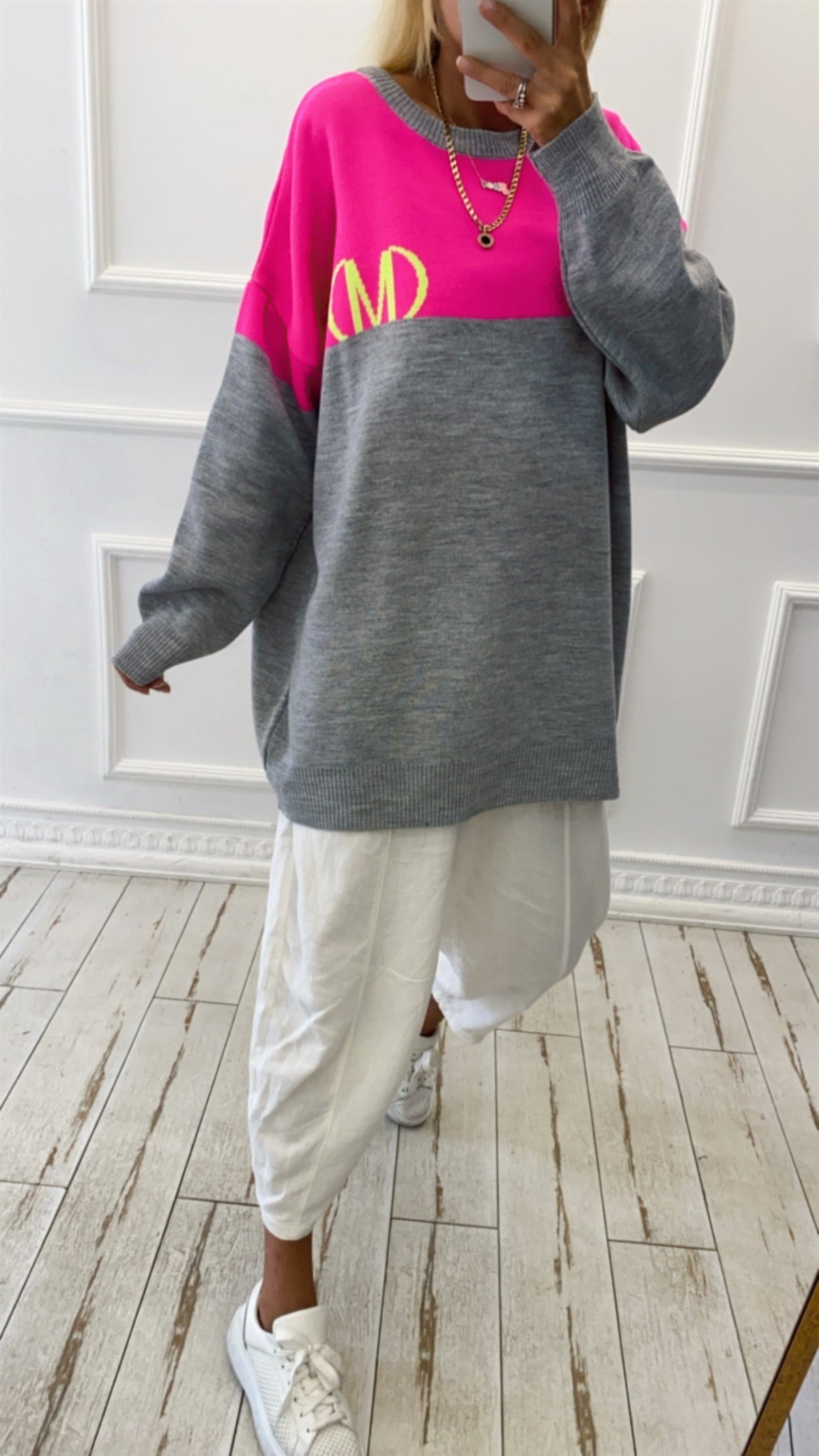 Pembe Gri Garnili M Harfli Oversize Kazak