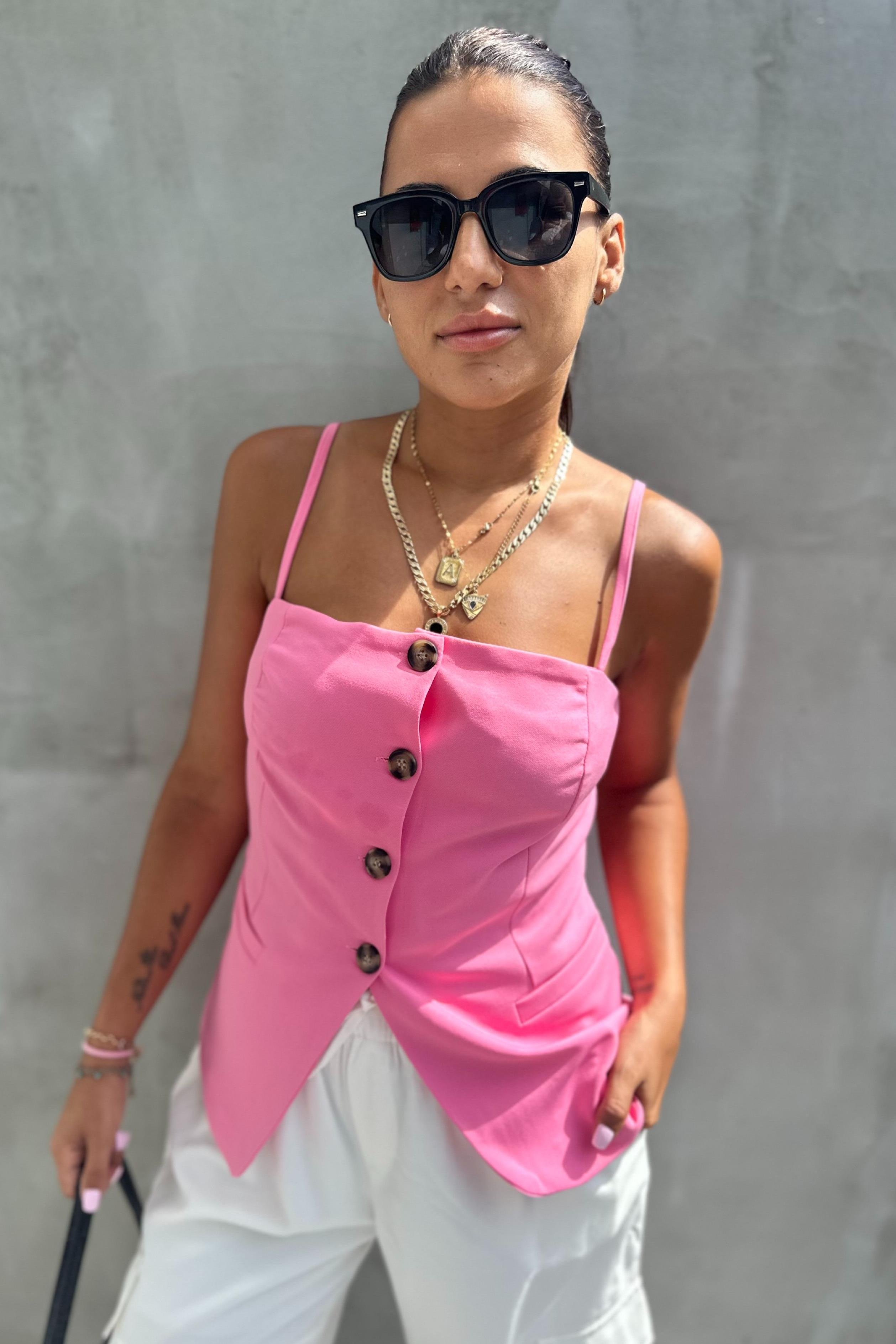 Pembe İnce Askılı Düğmeli YelekMONT/CEKET