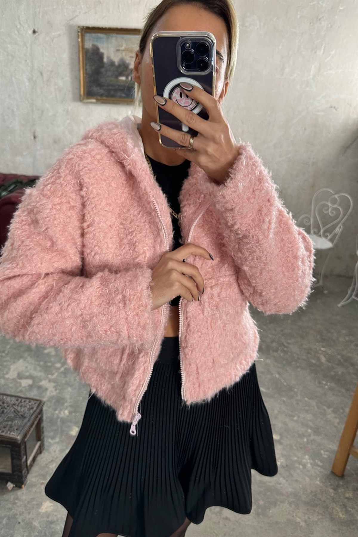 Pembe Kıvırcık Peluş MontMONT/CEKET