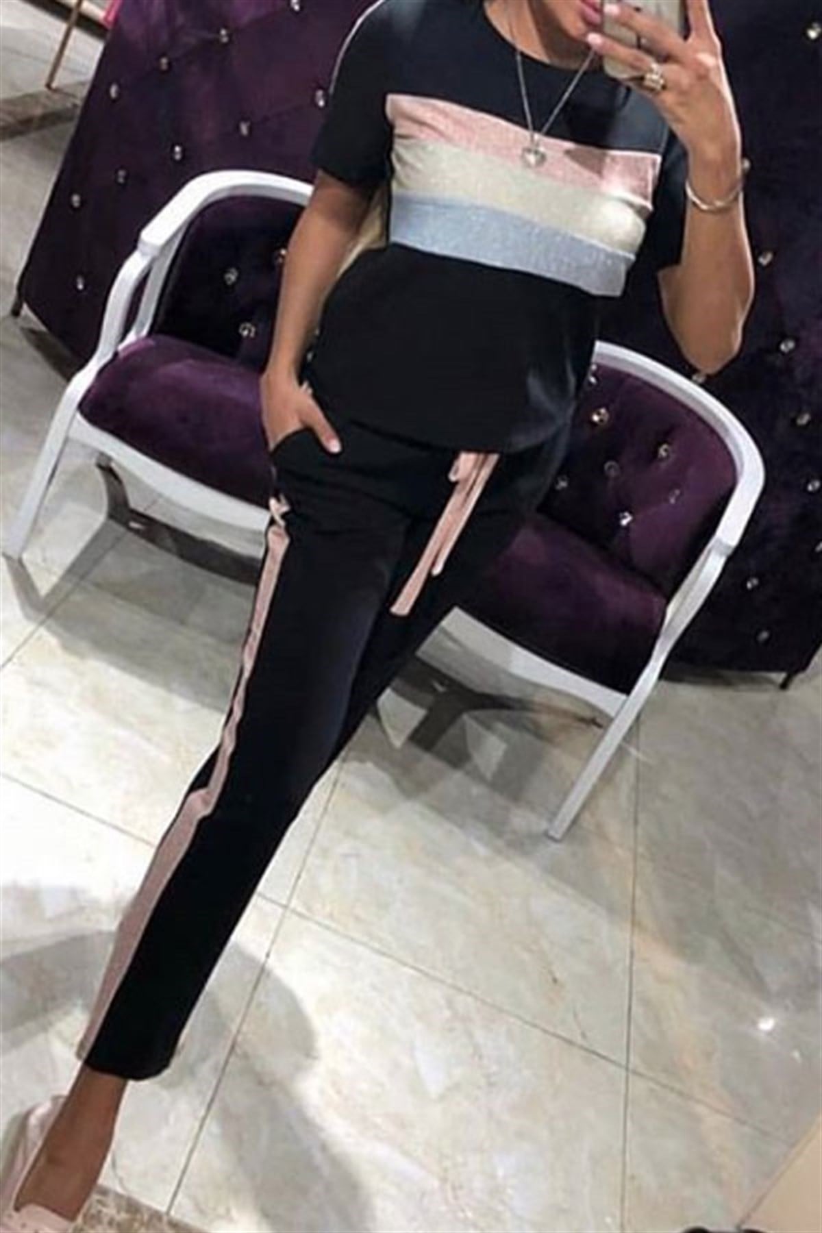Pembe Mavi Şeritli Crep Eşofman Takım