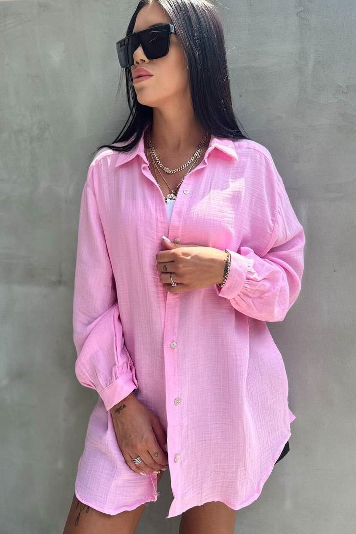 Pembe Müslin Kumaş Oversize GömlekGÖMLEK