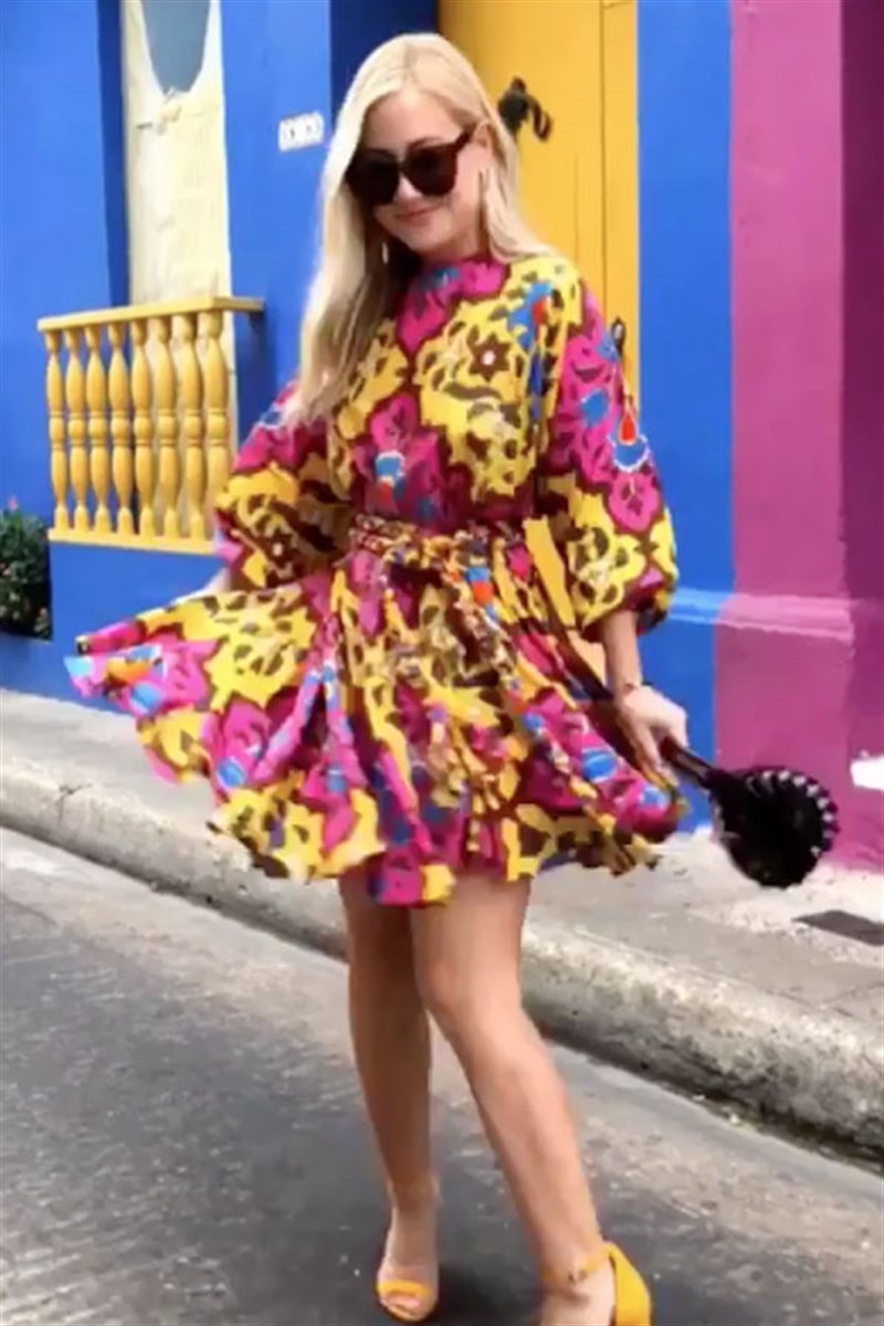 Pembe Sarı Desenli Balon Kol Mini Elbise