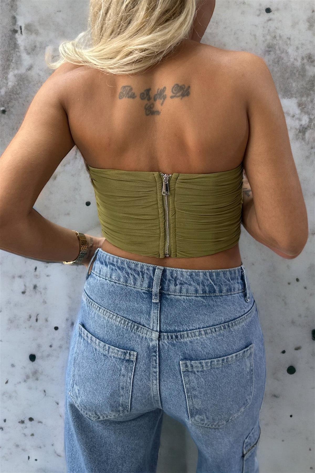 Pile Detaylı Haki Büstiyer BLUZ