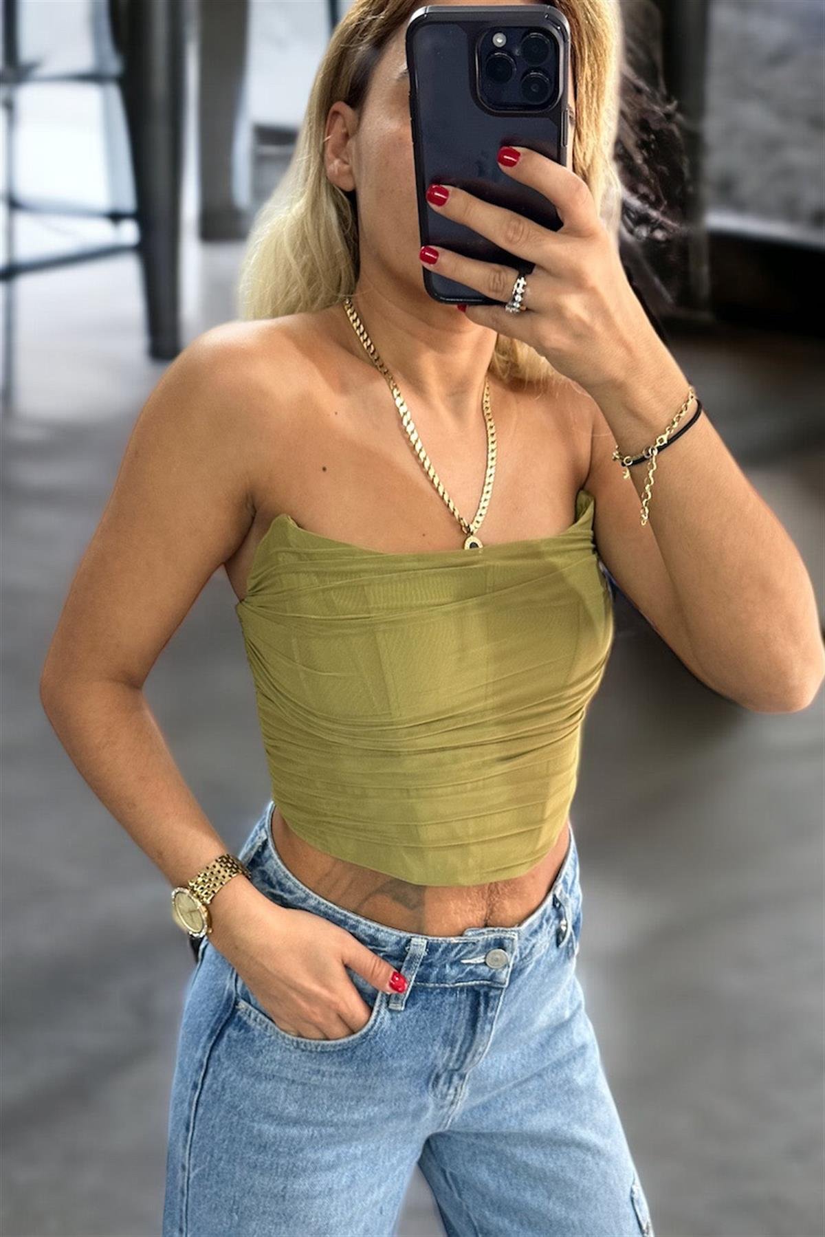 Pile Detaylı Haki Büstiyer BLUZ