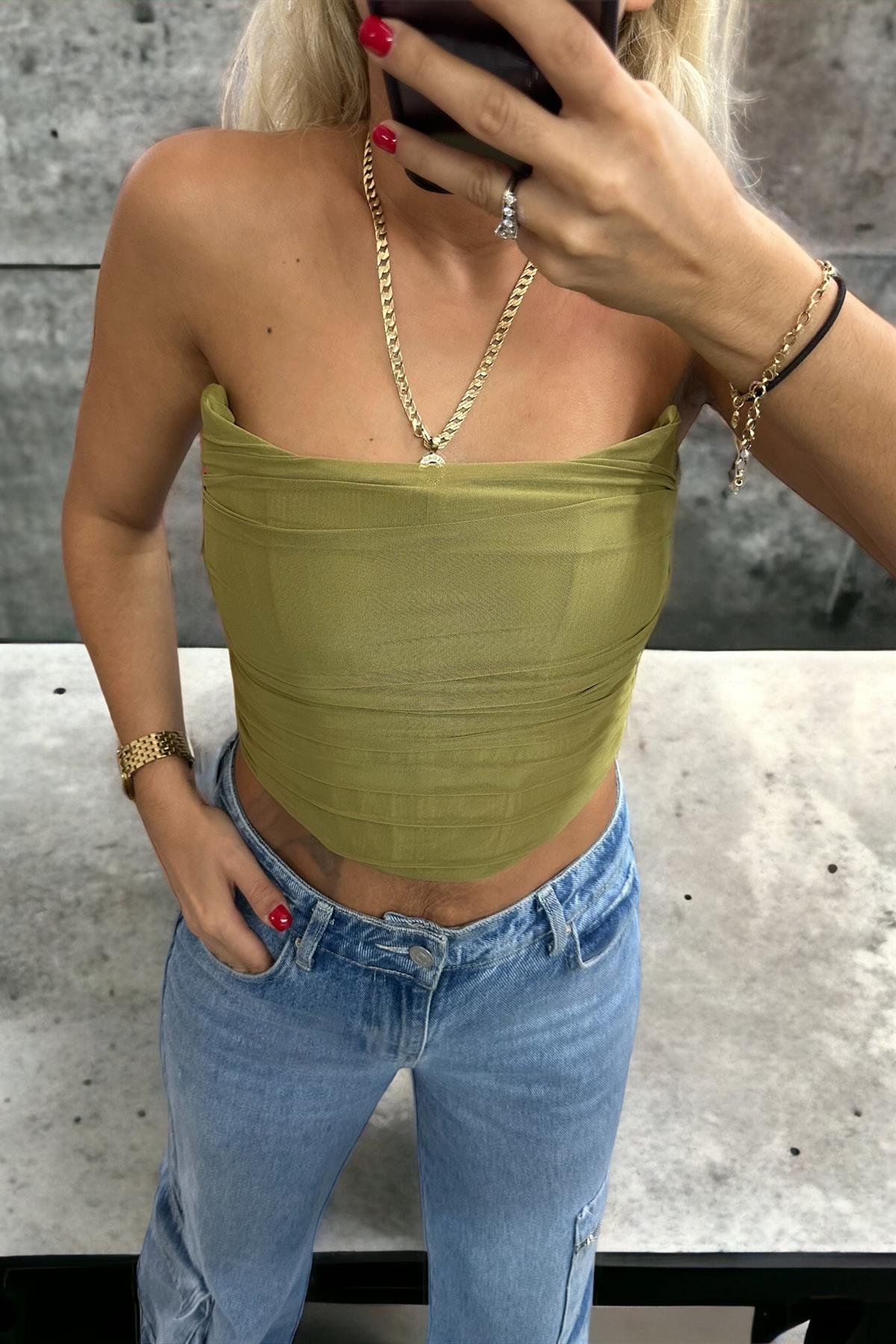 Pile Detaylı Haki Büstiyer BLUZ