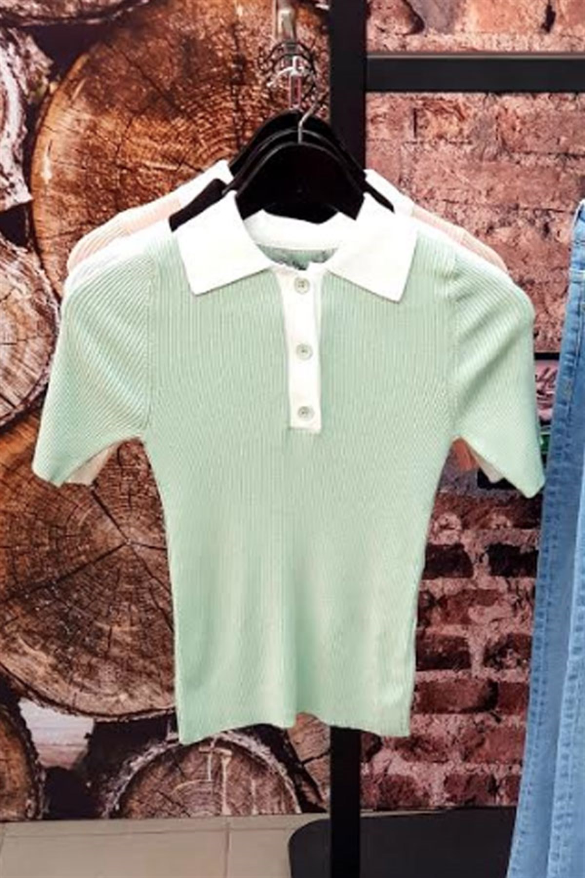Polo Yaka 2 Renkli Triko Bluz