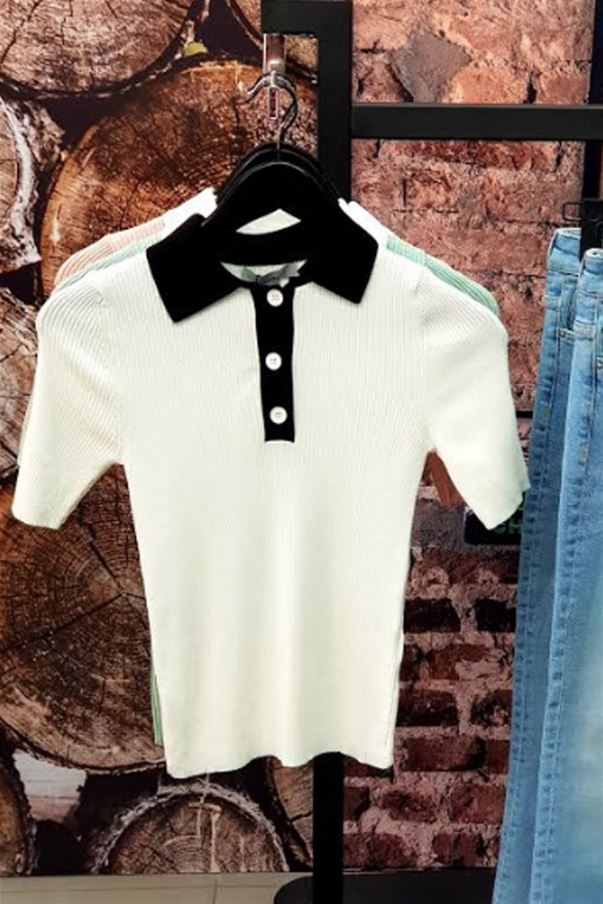 Polo Yaka 2 Renkli Triko Bluz
