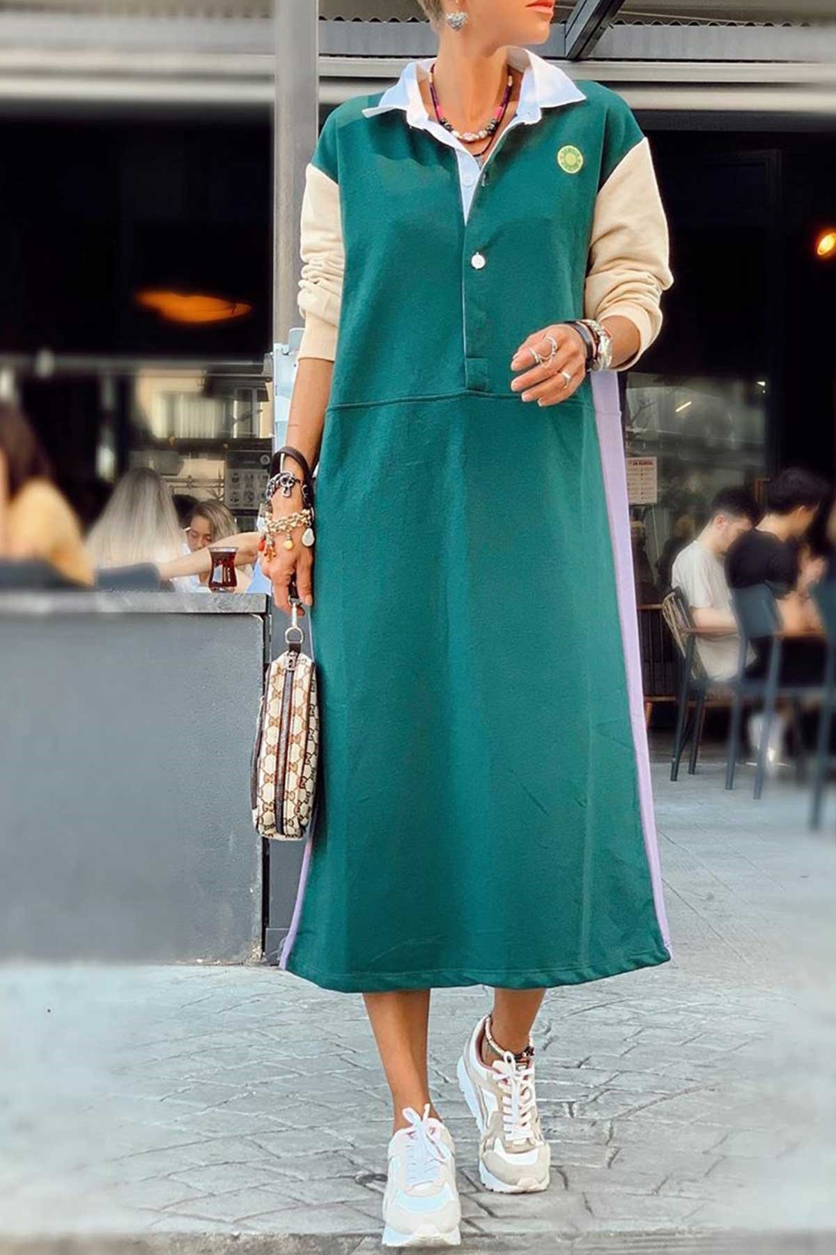 Polo Yaka 3 Renkli Sweat Elbise