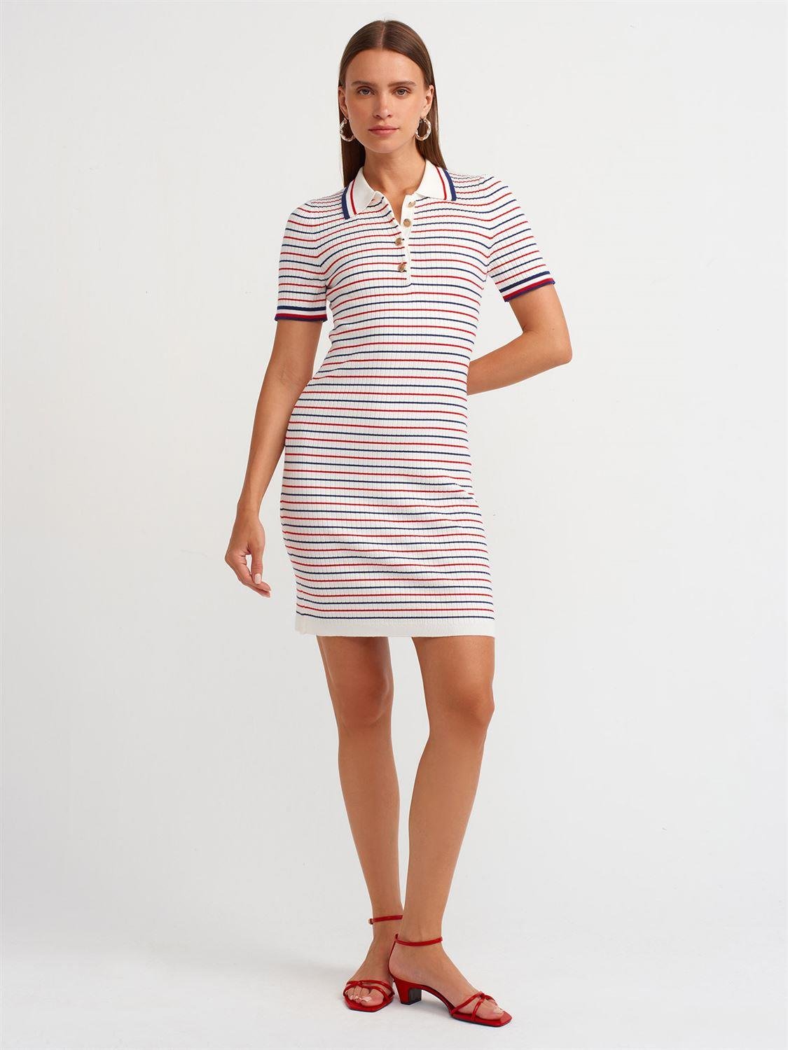 Polo Yaka Çizgili Düğmeli Triko Elbise  ELBİSE