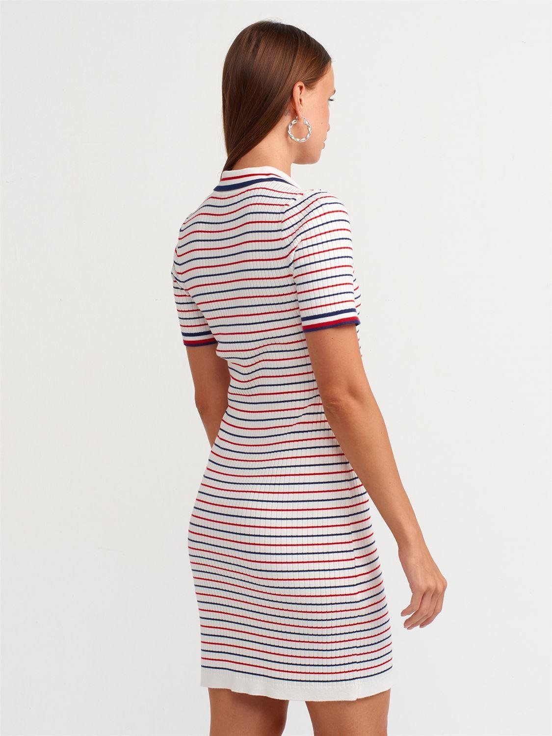 Polo Yaka Çizgili Düğmeli Triko Elbise  ELBİSE