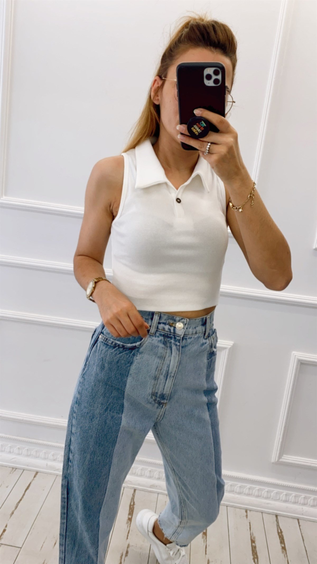 Polo Yaka Kolsuz Kaşkorse Crop Bluz
