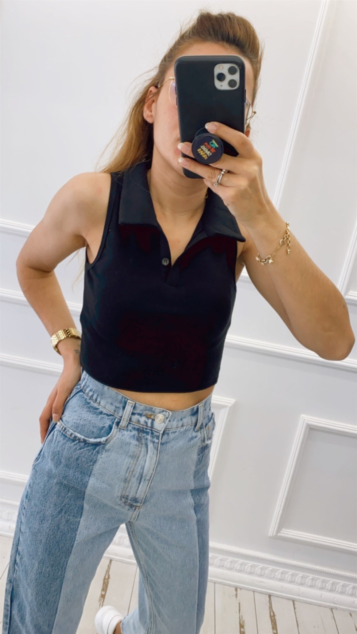 Polo Yaka Kolsuz Kaşkorse Crop Bluz