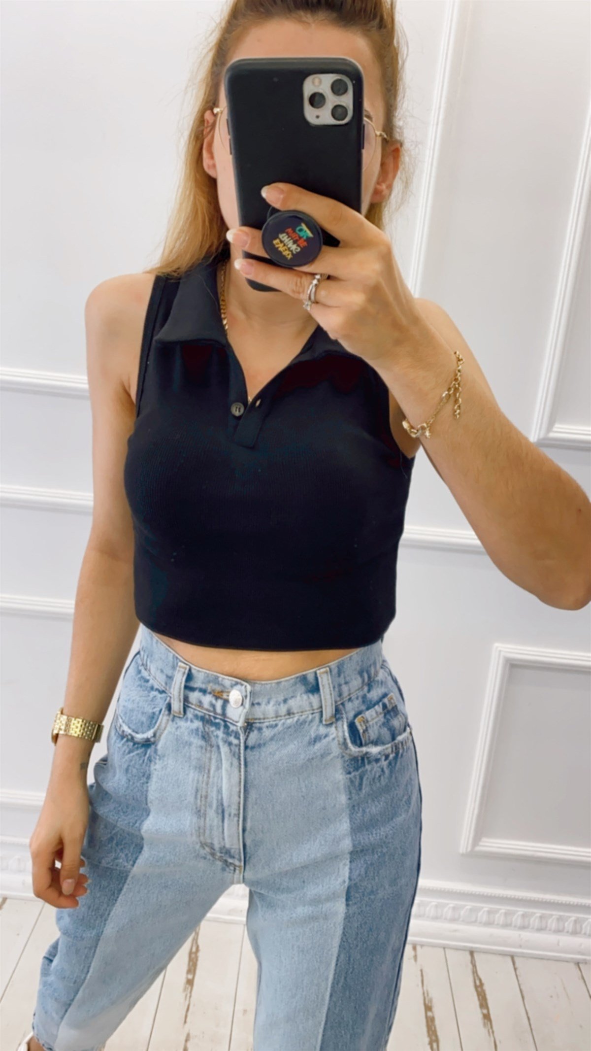 Polo Yaka Kolsuz Kaşkorse Crop Bluz