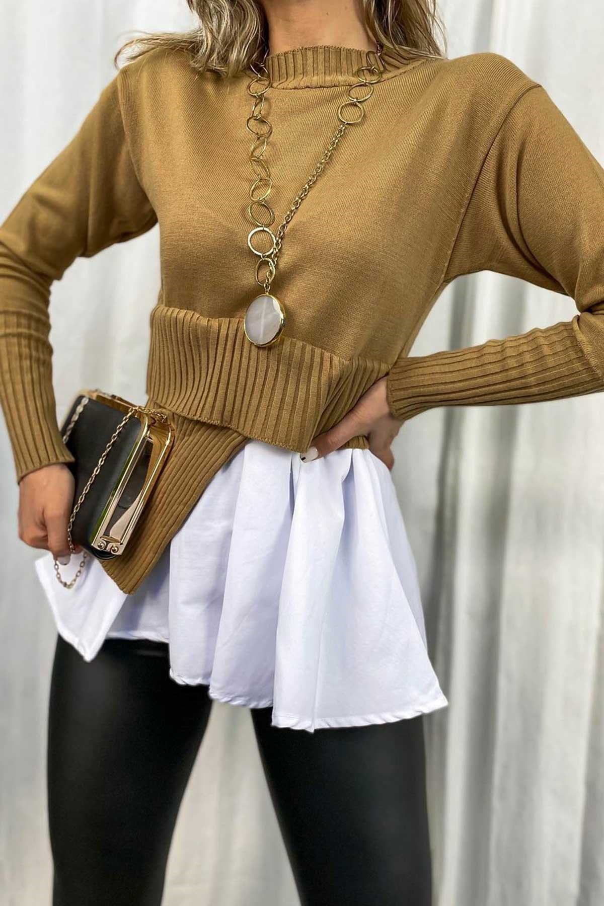 Poplin Detaylı Triko Bluz