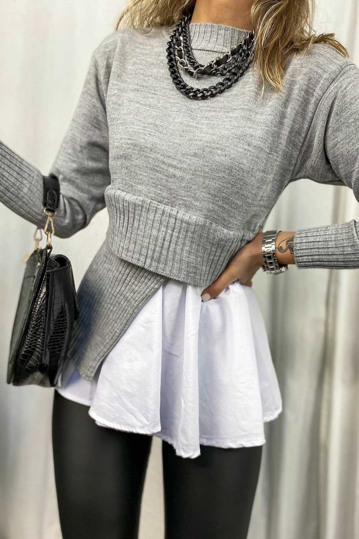 Poplin Detaylı Triko Bluz