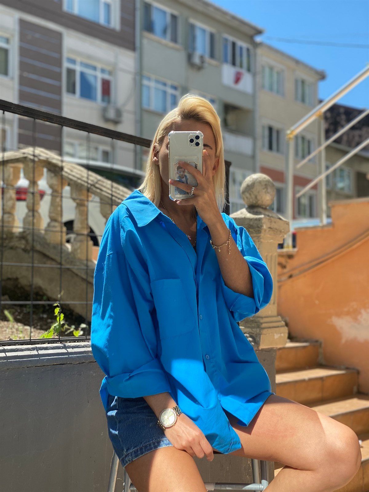 Poplin Kumaş Mavi Oversize ElbiseGÖMLEK