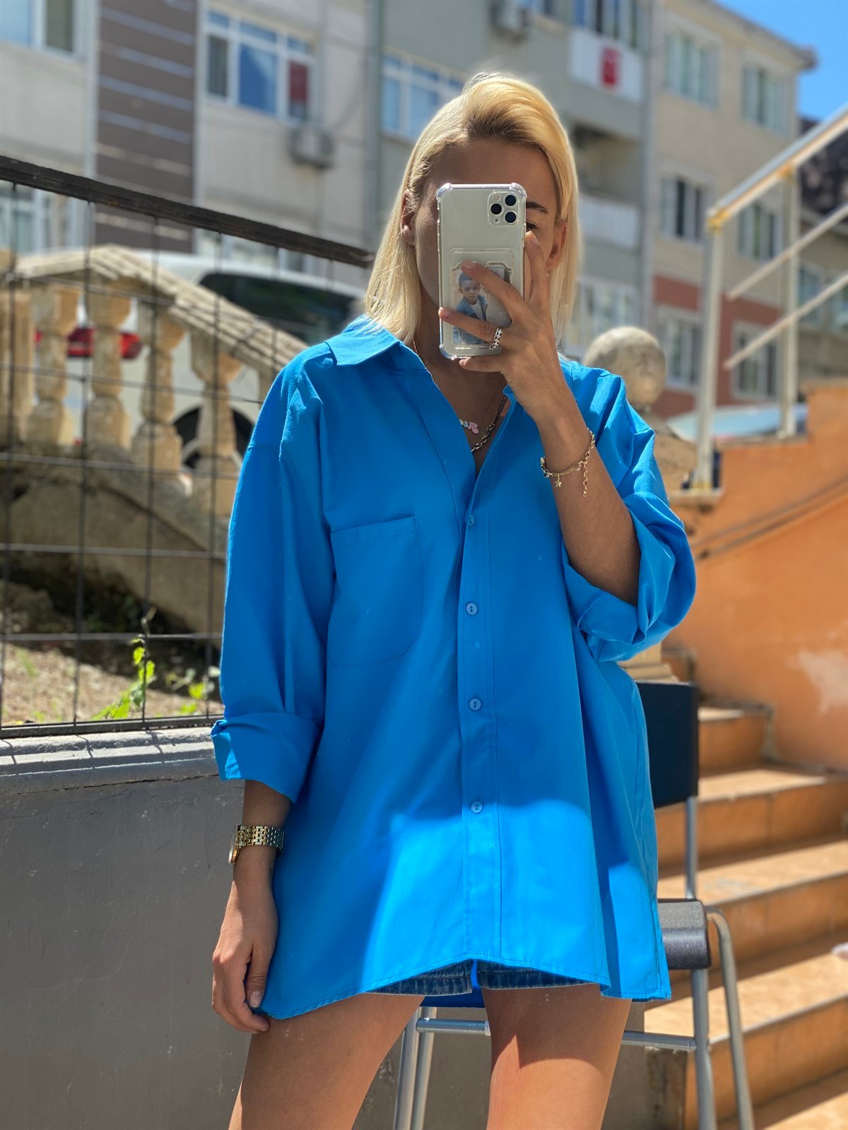 Poplin Kumaş Mavi Oversize ElbiseGÖMLEK