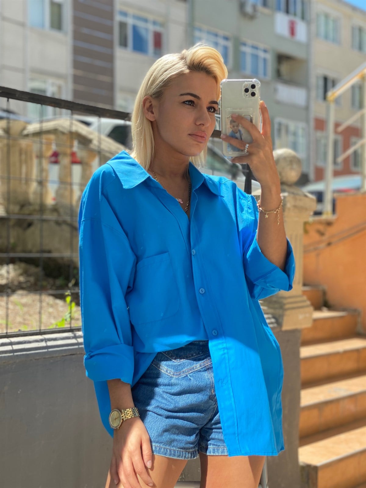 Poplin Kumaş Mavi Oversize ElbiseGÖMLEK