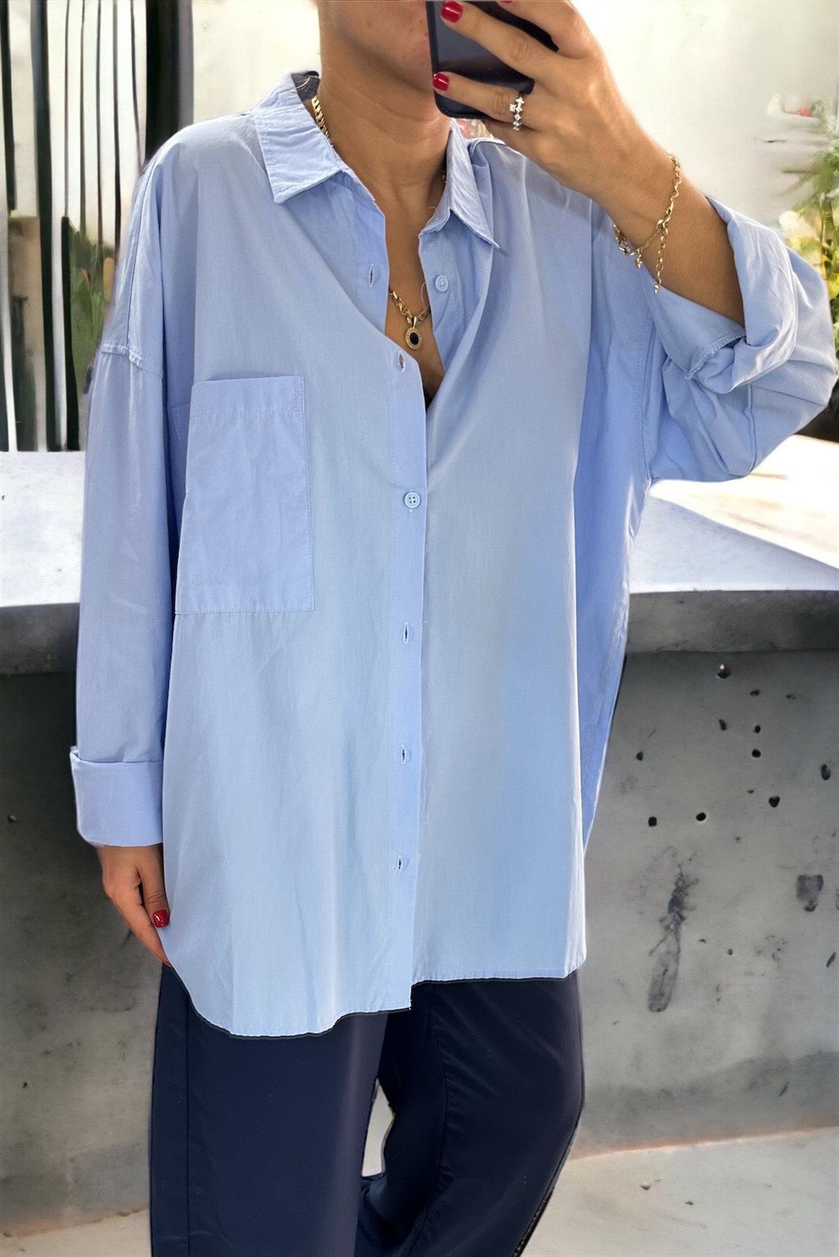 Poplin Kumaş Mavi Oversize GömlekGÖMLEK